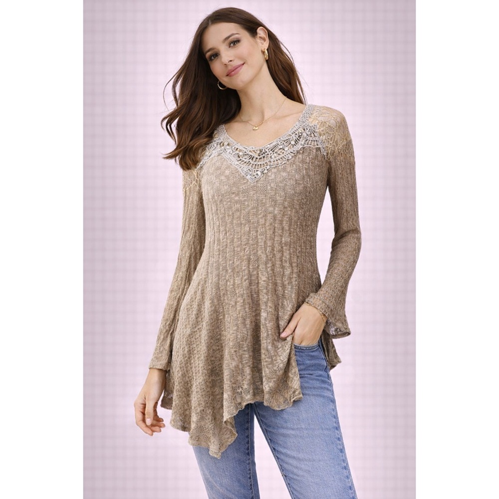 Scully Beige Lace Crochet Knit Asymmetrical Hem Forrest Fairy Grunge Tunic Top